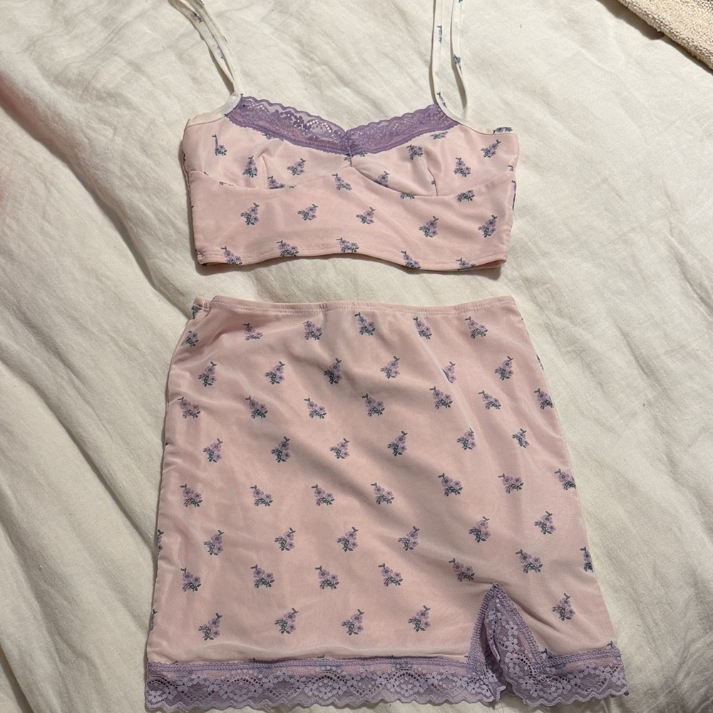 Edikted Pink and Purple Floral Skirt Set